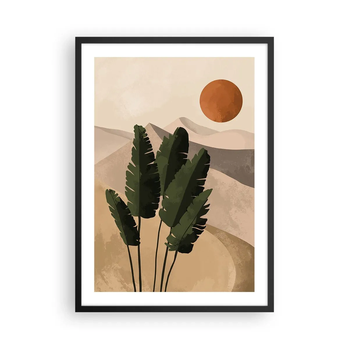 Poster in einem schwarzem Rahmen - Pflanzen in einer Wüstenlandschaft mit Sonnenuntergang, abstrakte Landschaft - 50x70cm - Der Triumph des Lebens - Moderne Wanddekoration für Wohnzimmer und Schlafzimmer ARTTOR