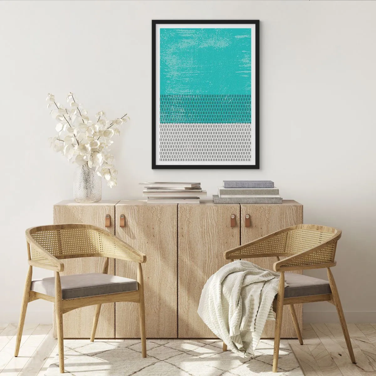 Poster in einem schwarzem Rahmen - Geometrisches Muster mit türkisfarbenen und weißen Elementen im minimalistischen Stil - 50x70cm - Eine ausgewogene Komposition - Moderne Wanddekoration für Wohnzimmer und Schlafzimmer ARTTOR
