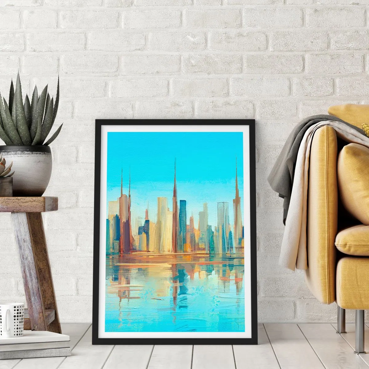 Poster in einem schwarzem Rahmen - Farbenfrohes Stadtpanorama mit Spiegelung im Wasser - 50x70cm - Sonnige Metropole - Moderne Wanddekoration für Wohnzimmer und Schlafzimmer ARTTOR