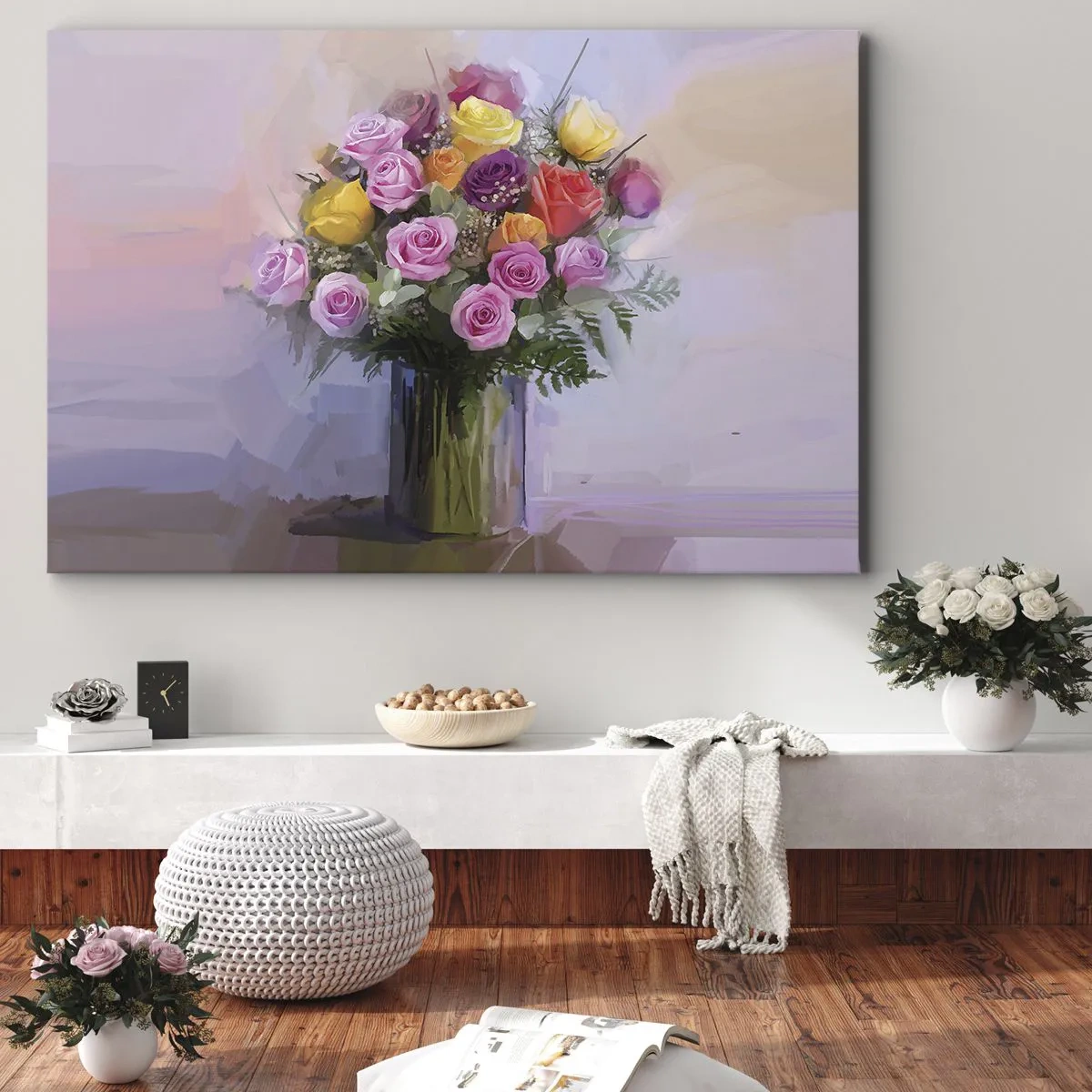Bild auf Leinwand - Leinwandbild - Ein Strauß bunter Rosen in einer Glasvase - 70x50cm - Festgehaltene Schönheit - Moderne Wanddekoration für Wohnzimmer und Schlafzimmer ARTTOR
