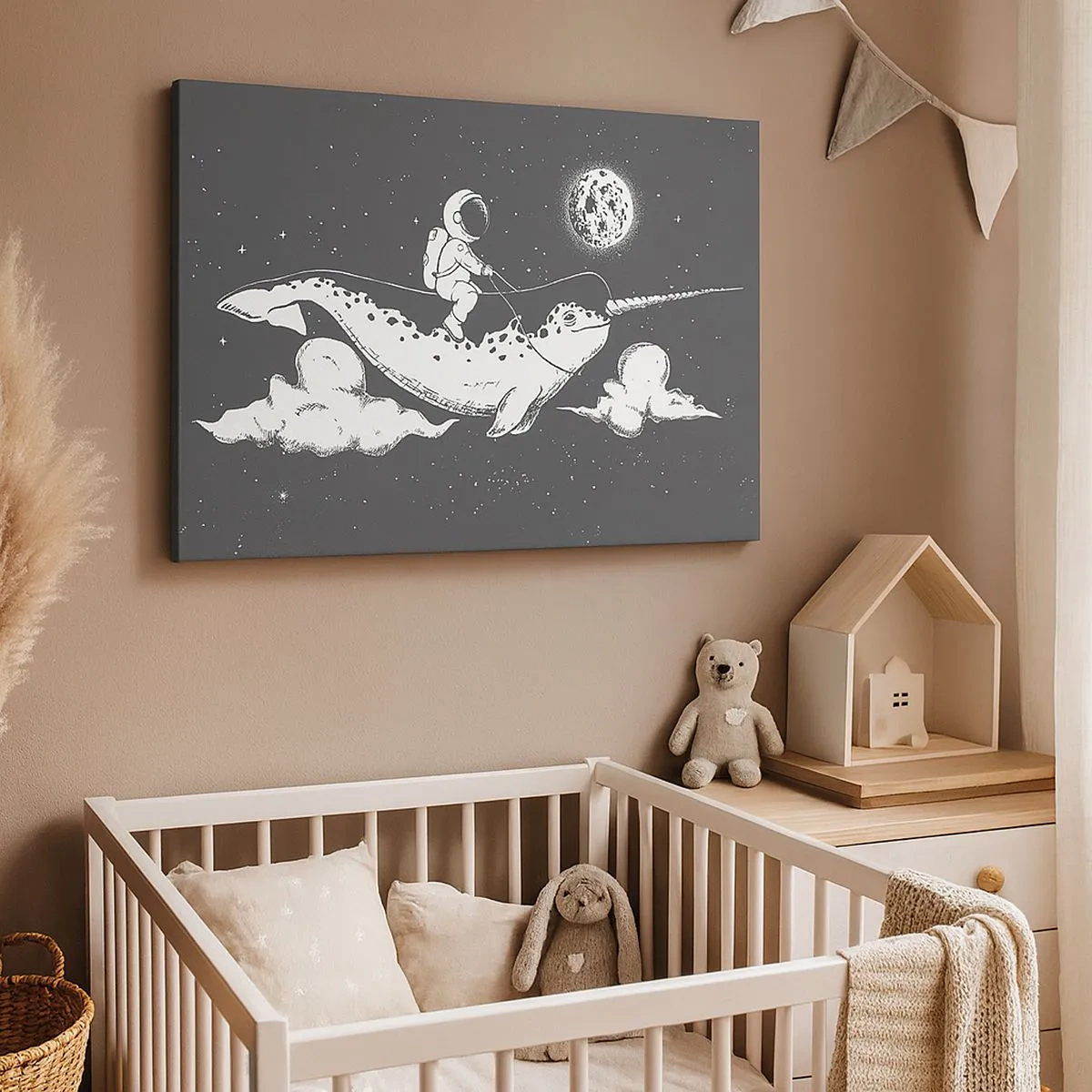 Bild auf Leinwand - Leinwandbild - Ein Astronaut auf dem Rücken eines Narwals, der in einer Weltraumszene schwimmt. - 70x50cm - Weltraumreiter - Moderne Wanddekoration für Wohnzimmer und Schlafzimmer ARTTOR