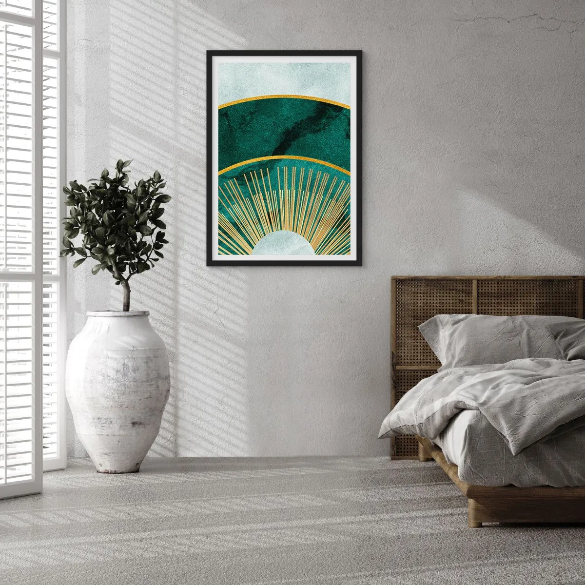 Poster in einem schwarzem Rahmen - Eine elegante geometrische Komposition in Grün- und Goldtönen - 50x70cm - Anderes Sonnensystem - Moderne Wanddekoration für Wohnzimmer und Schlafzimmer ARTTOR