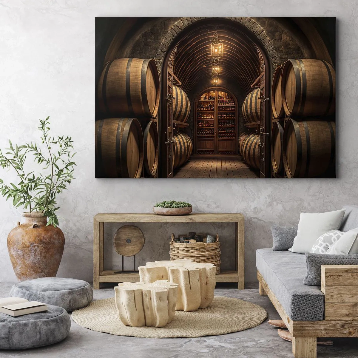 Bild auf Leinwand - Leinwandbild - Weinkeller mit Holzfässern und Weinregalen - 70x50cm - Stimmungsvoller Keller - Moderne Wanddekoration für Wohnzimmer und Schlafzimmer ARTTOR