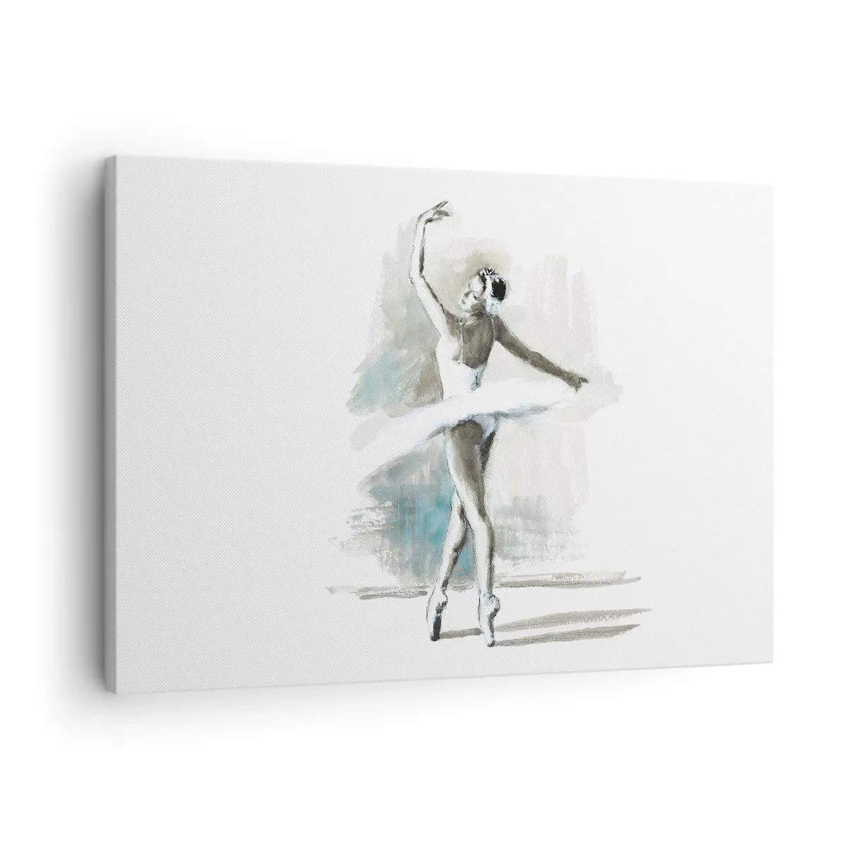 Bild auf Leinwand - Leinwandbild - Eine Balletttänzerin in einer Ballettpose vor einem Hintergrund aus zarten Aquarelltönen. - 70x50cm - In einen Schwan verzaubert - Moderne Wanddekoration für Wohnzimmer und Schlafzimmer ARTTOR