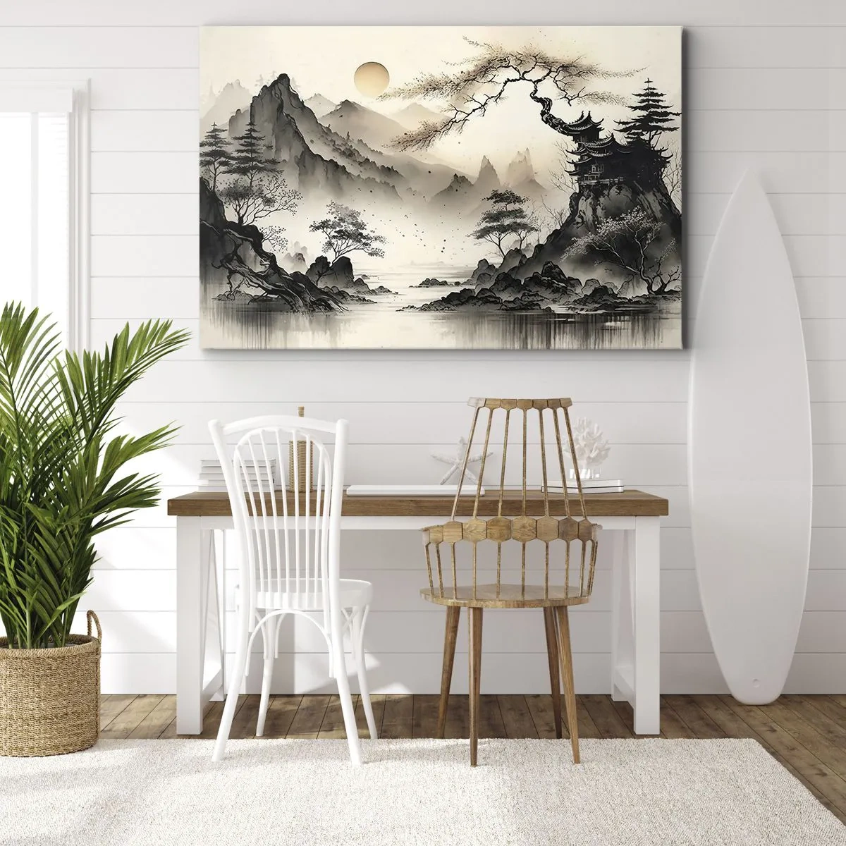 Bild auf Leinwand - Leinwandbild - Eine orientalische Landschaft mit Bergen und einer Pagode in zarten Farbtönen. - 70x50cm - Einzigartiger Charme des Orients - Moderne Wanddekoration für Wohnzimmer und Schlafzimmer ARTTOR