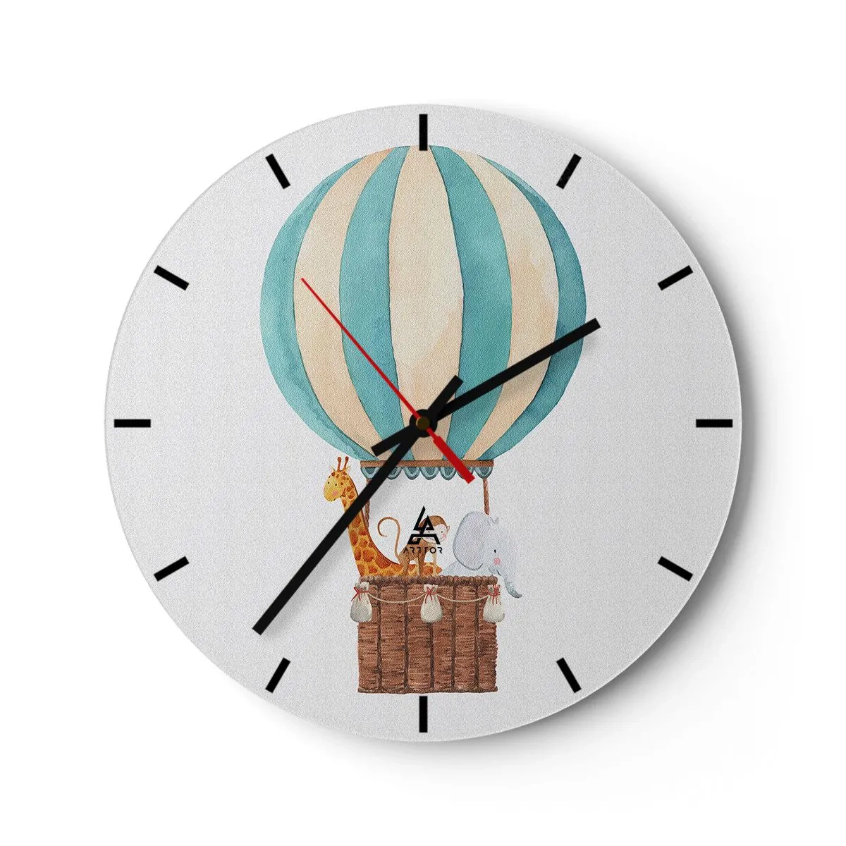 Wanduhr - Glasuhr - Ein Ballon mit einer Giraffe und einem Elefanten, der in den Wolken schwebt - 30x30cm - Fantastische Reise - Moderne Wanddekoration für Wohnzimmer, Küche und Schlafzimmer ARTTOR