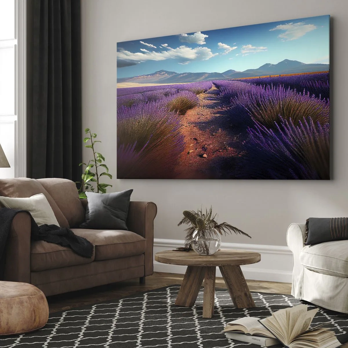Bild auf Leinwand - Leinwandbild - Ein Lavendelfeld mit Blick auf die Berge und den blauen Himmel - 70x50cm - Duftende Felder - Moderne Wanddekoration für Wohnzimmer und Schlafzimmer ARTTOR