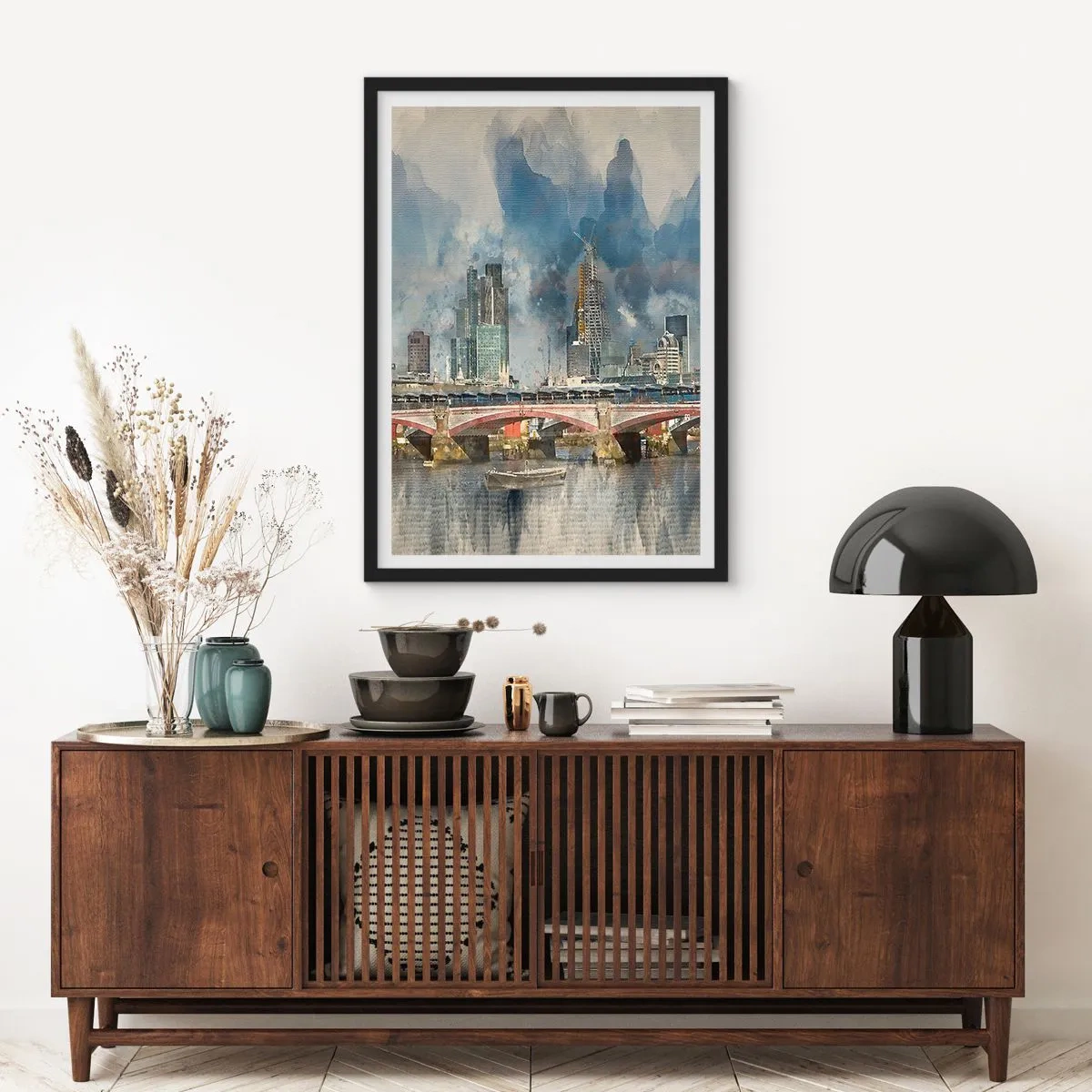 Poster in einem schwarzem Rahmen - Stadtlandschaft mit einer Brücke und Wolkenkratzern im Hintergrund - 50x70cm - London in seiner ganzen Pracht - Moderne Wanddekoration für Wohnzimmer und Schlafzimmer ARTTOR