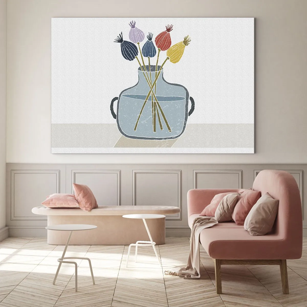 Glasbild - Bild auf glas - Dekorative Mohnköpfe in einer Kanne im grafischen Stil - 70x50cm - Es ist mucksmäuschenstill - Moderne Wanddekoration für Wohnzimmer und Schlafzimmer ARTTOR