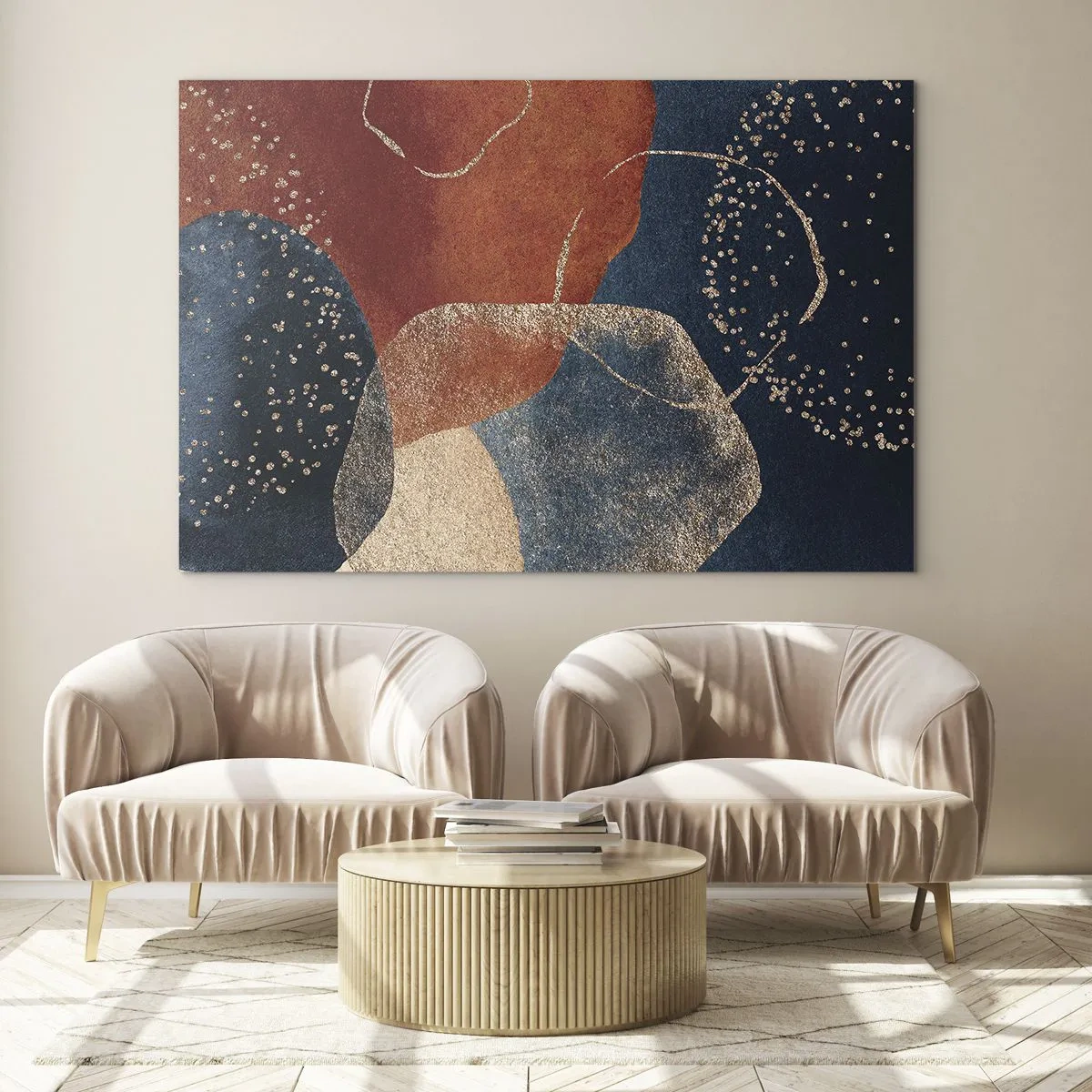 Glasbild - Bild auf glas - Abstrakte Formen in Marineblau- und Kupfertönen - 70x50cm - Die Leichtigkeit des Seins - Moderne Wanddekoration für Wohnzimmer und Schlafzimmer ARTTOR