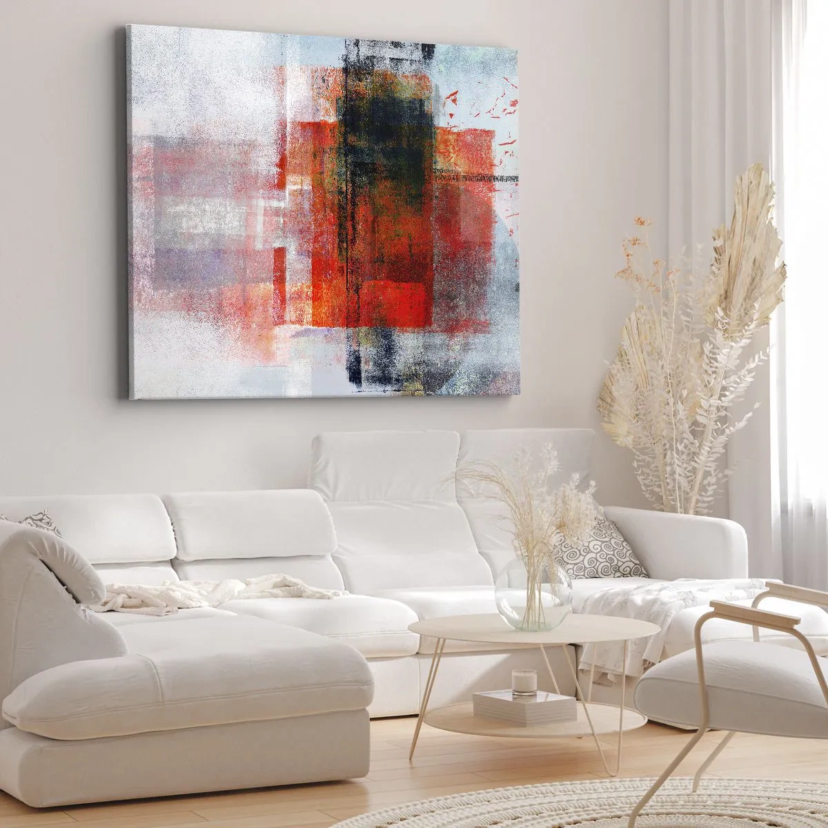 Bild auf Leinwand - Leinwandbild - Abstrakte geometrische Komposition mit roten und orangefarbenen Akzenten - 70x50cm - Komposition leuchtet - Moderne Wanddekoration für Wohnzimmer und Schlafzimmer ARTTOR