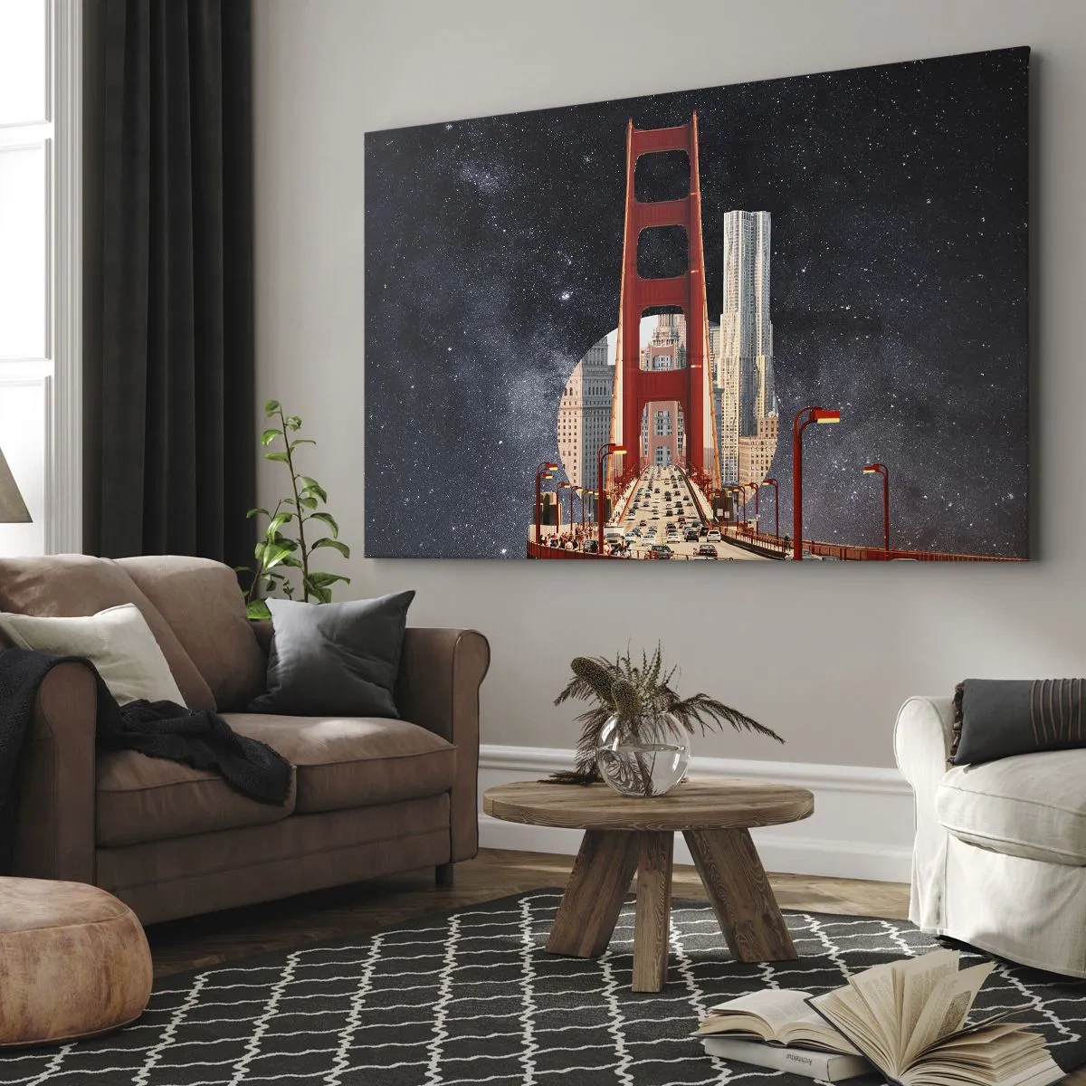 Bild auf Leinwand - Leinwandbild - Die Golden Gate Bridge mit der Stadt im Hintergrund vor einem Sternenhimmel - 70x50cm - Immer im Mittelpunkt - Moderne Wanddekoration für Wohnzimmer und Schlafzimmer ARTTOR