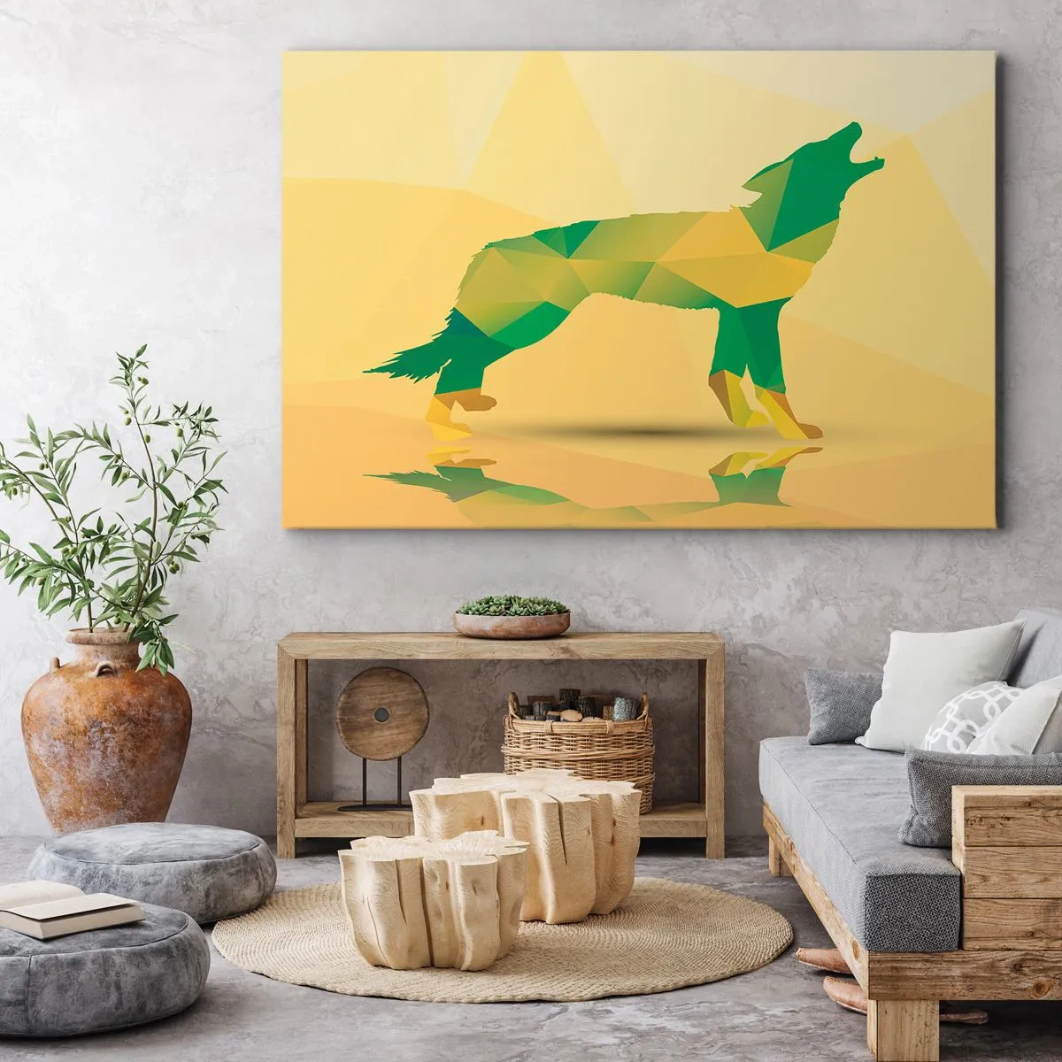 Bild auf Leinwand - Leinwandbild - Geometrische Wolfssilhouette in Grün- und Gelbtönen - 70x50cm - Ein einsamer Wolf - Moderne Wanddekoration für Wohnzimmer und Schlafzimmer ARTTOR