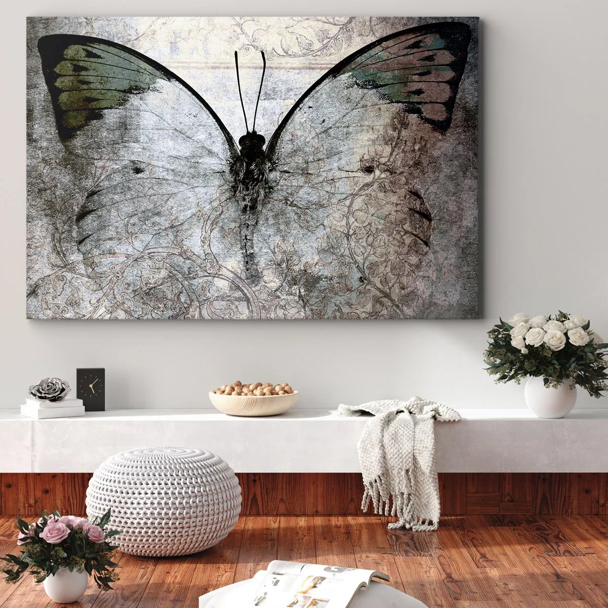 Bild auf Leinwand - Leinwandbild - Ein Schmetterling in Grün- und Grautönen auf dekorativem Hintergrund - 70x50cm - Im Jugendstil - Moderne Wanddekoration für Wohnzimmer und Schlafzimmer ARTTOR