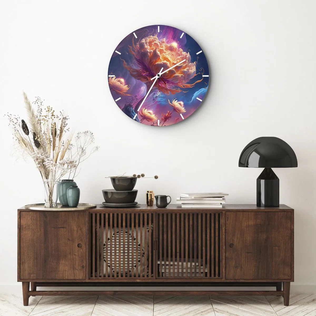 Wanduhr - Glasuhr - Eine fantastische Blume beleuchtet in einer kosmischen Landschaft - 30x30cm - Andere Welt - Moderne Wanddekoration für Wohnzimmer, Küche und Schlafzimmer ARTTOR