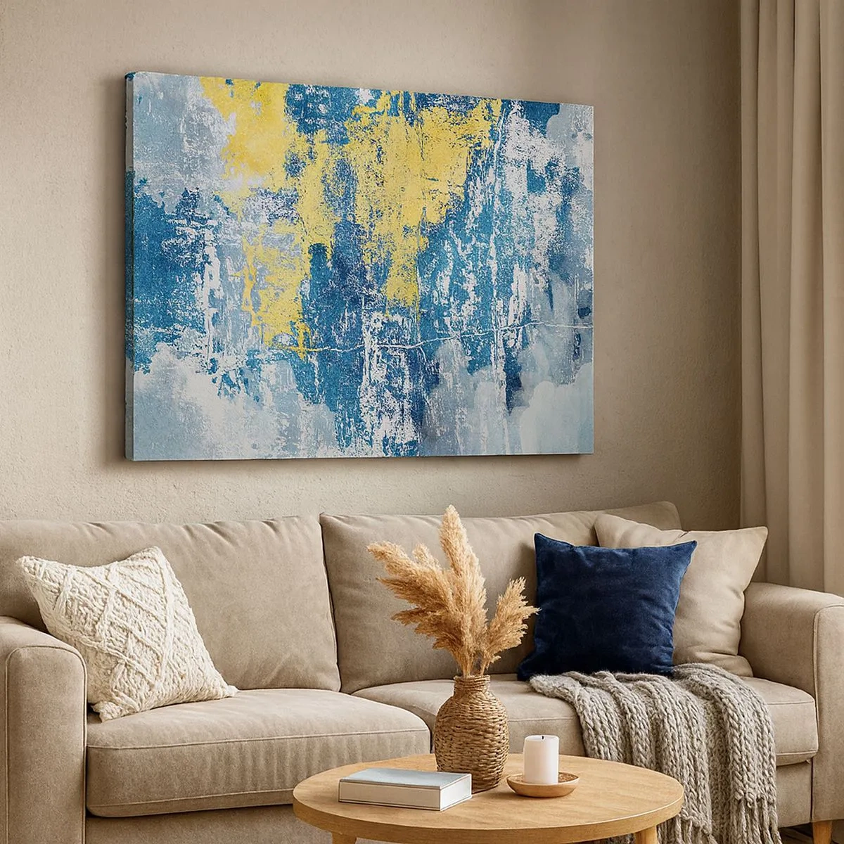 Bild auf Leinwand - Leinwandbild - Abstraktion in Blau- und Gelbtönen - 70x50cm - Abstraktion voller Wetter - Moderne Wanddekoration für Wohnzimmer und Schlafzimmer ARTTOR