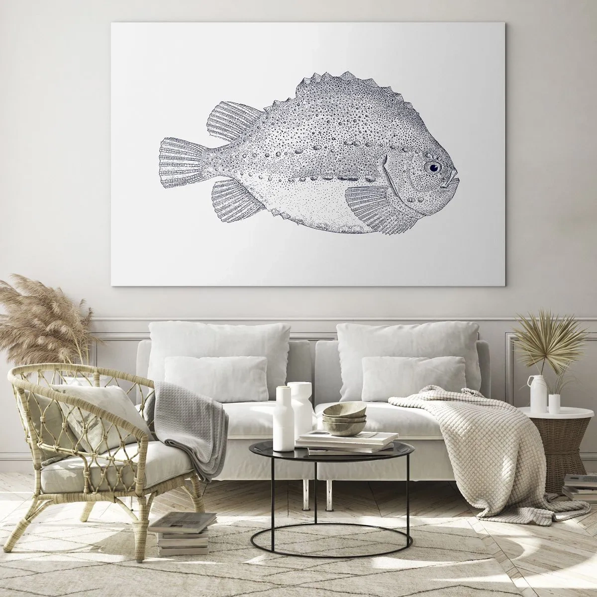 Glasbild - Bild auf glas - Detaillierte Gravur eines Fisches auf weißem Hintergrund im Naturstil - 70x50cm - Für das Album des Naturforschers - Moderne Wanddekoration für Wohnzimmer und Schlafzimmer ARTTOR
