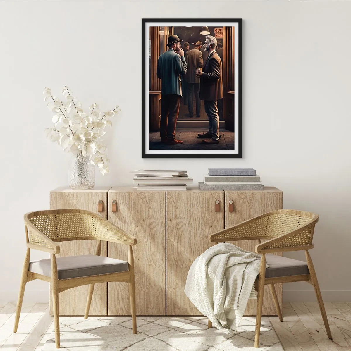 Poster in einem schwarzem Rahmen - Zwei elegante Männer unterhalten sich vor einem Café - 50x70cm - Gute Zeit des Tages - Moderne Wanddekoration für Wohnzimmer und Schlafzimmer ARTTOR