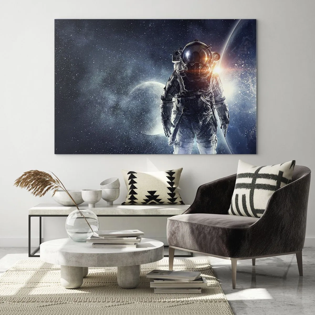 Glasbild - Bild auf glas - Astronaut vor dem Hintergrund von Planeten und Sternen - 70x50cm - Weltraumabenteuer - Moderne Wanddekoration für Wohnzimmer und Schlafzimmer ARTTOR