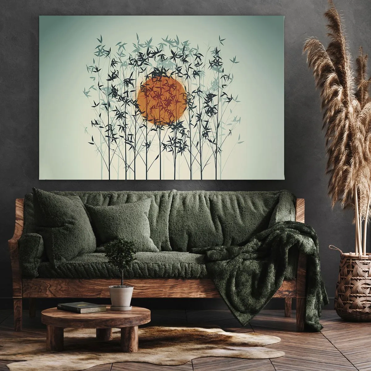 Bild auf Leinwand - Leinwandbild - Orange Sonne zwischen den Bambuszweigen - 70x50cm - Japanische Sonne - Moderne Wanddekoration für Wohnzimmer und Schlafzimmer ARTTOR