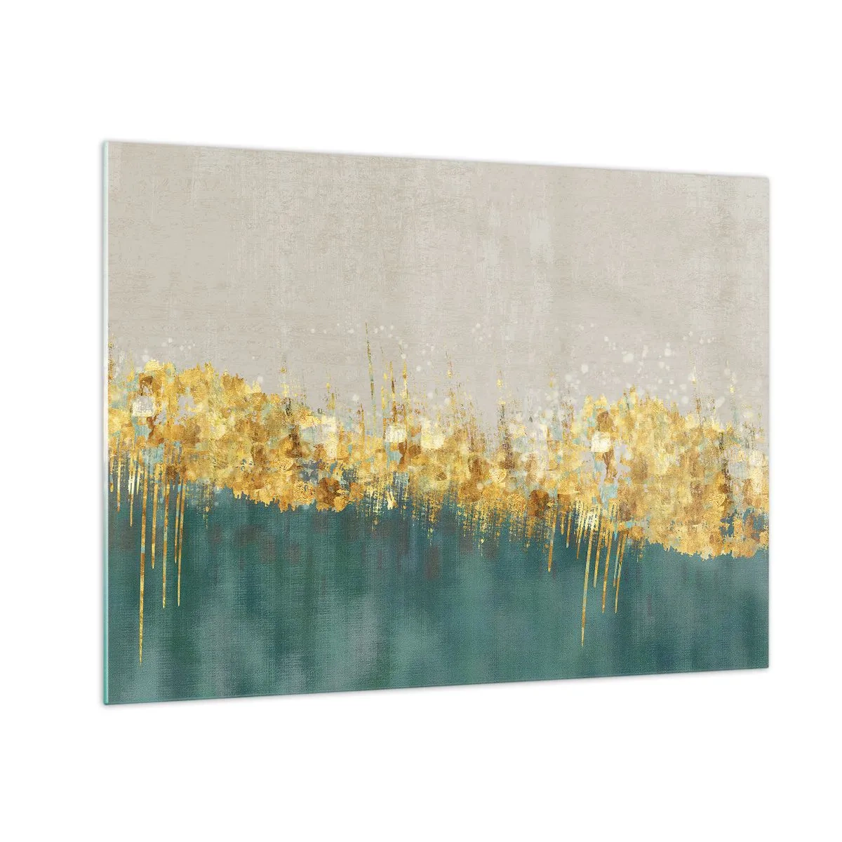 Glasbild - Bild auf glas - Goldakzente schaffen eine Grenze zwischen Beige und Flaschengrün - 70x50cm - Goldener Rand - Moderne Wanddekoration für Wohnzimmer und Schlafzimmer ARTTOR