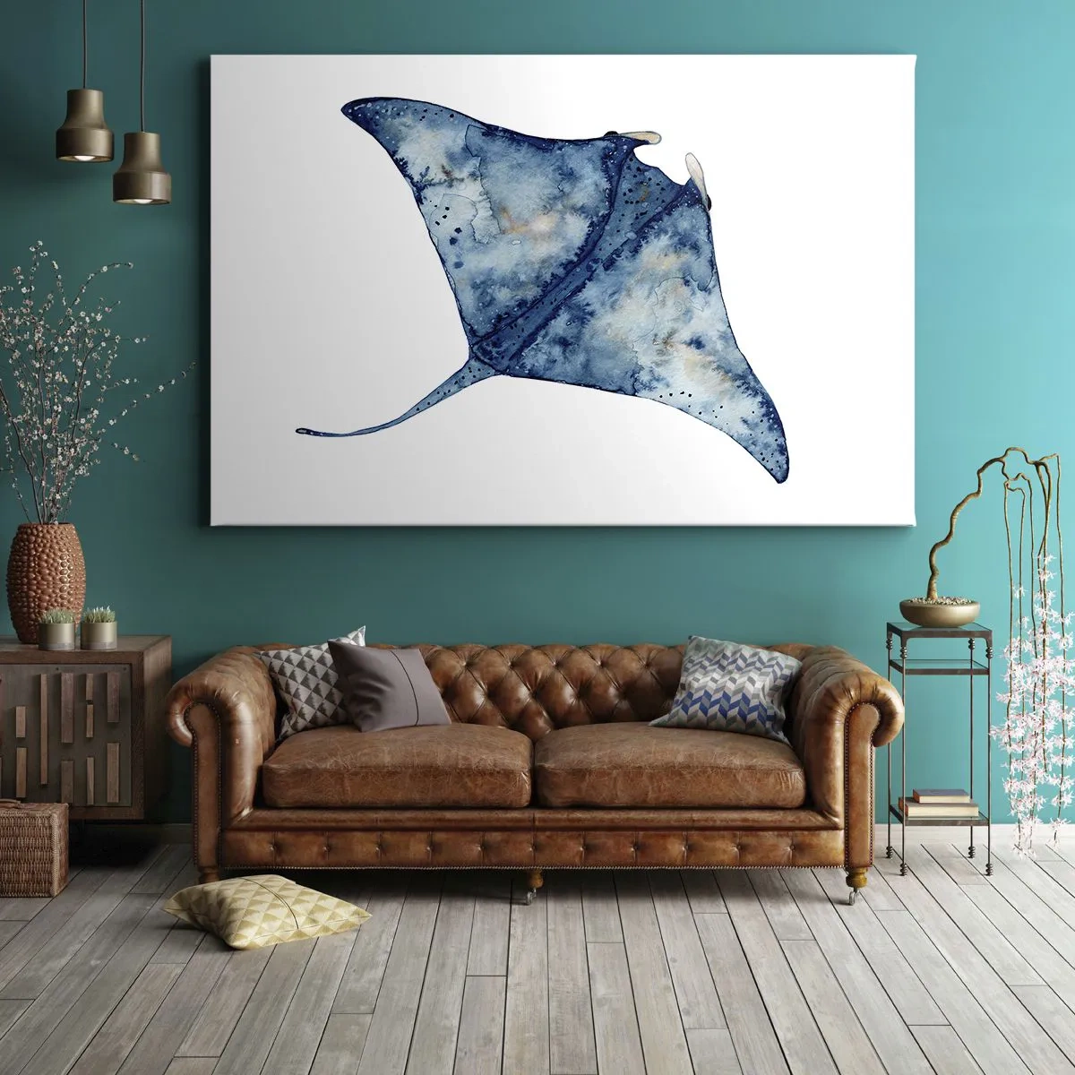 Bild auf Leinwand - Leinwandbild - Blauer Stachelrochen im Aquarellstil auf weißem Hintergrund - 70x50cm - Leben im Blau - Moderne Wanddekoration für Wohnzimmer und Schlafzimmer ARTTOR