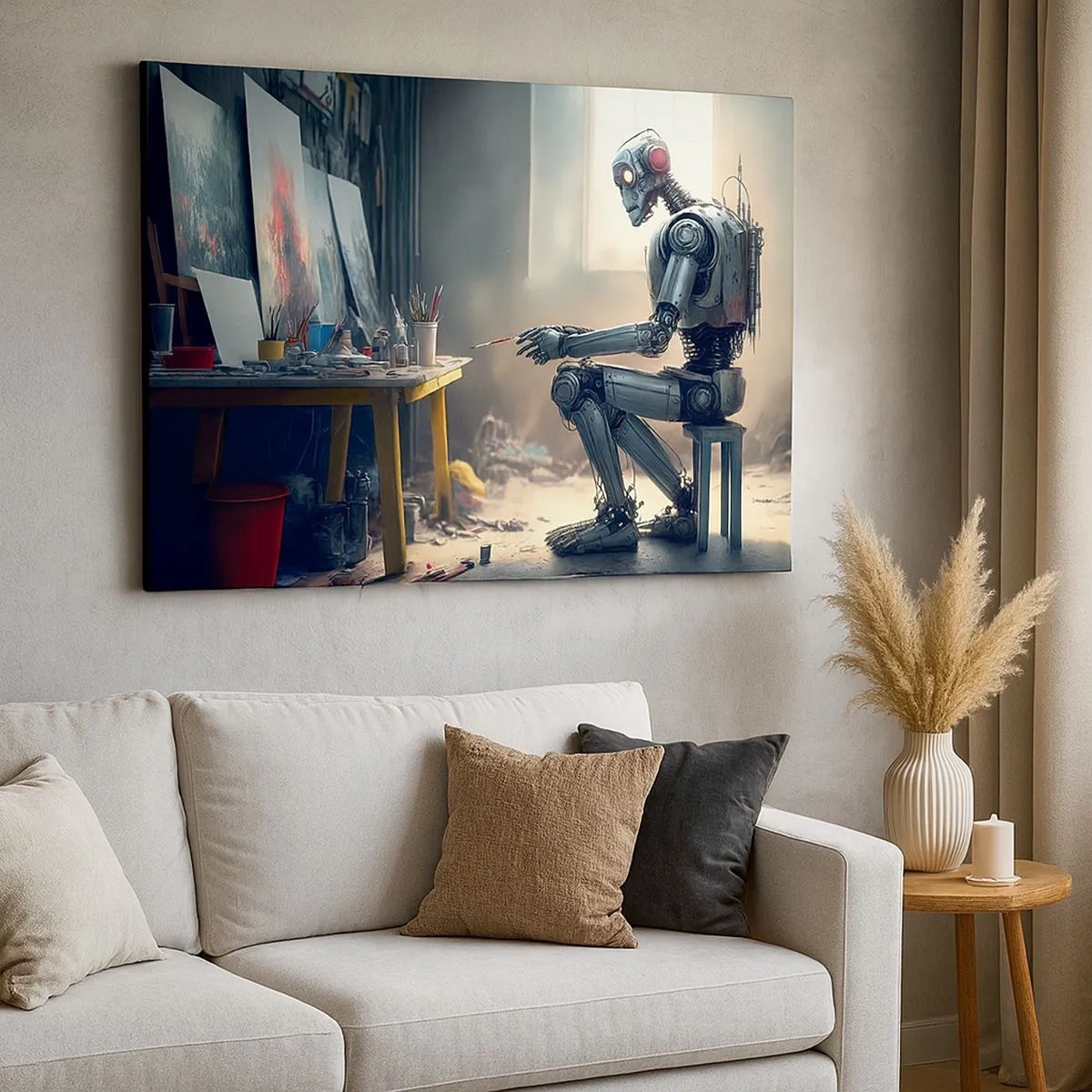 Bild auf Leinwand - Leinwandbild - Ein Roboter malt ein Bild in einem Kunstatelier - 70x50cm - Schöpfungsakt - Moderne Wanddekoration für Wohnzimmer und Schlafzimmer ARTTOR