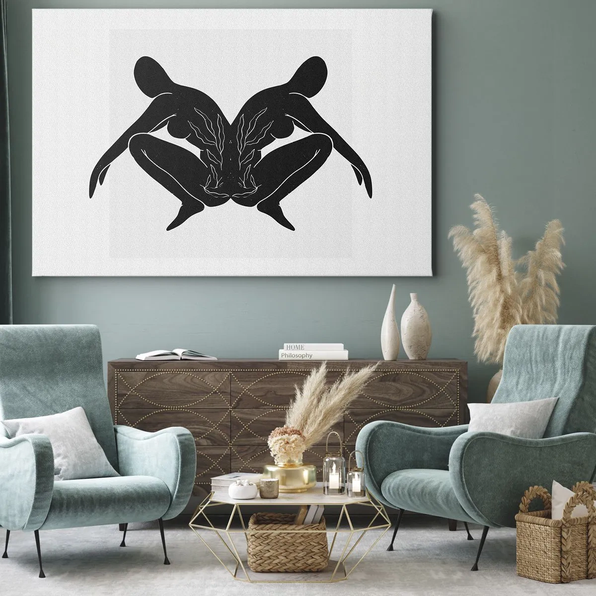 Bild auf Leinwand - Leinwandbild - Schwarze Silhouetten in symmetrischer Position auf weißem Hintergrund - 70x50cm - Gemeinsame Seele - Moderne Wanddekoration für Wohnzimmer und Schlafzimmer ARTTOR