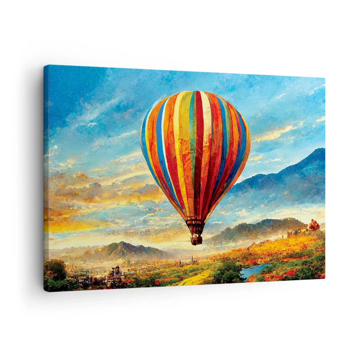 Bild auf Leinwand - Leinwandbild - Ein bunter Ballon über einer malerischen Landschaft - 70x50cm - In der Stille sieht man mehr - Moderne Wanddekoration für Wohnzimmer und Schlafzimmer ARTTOR
