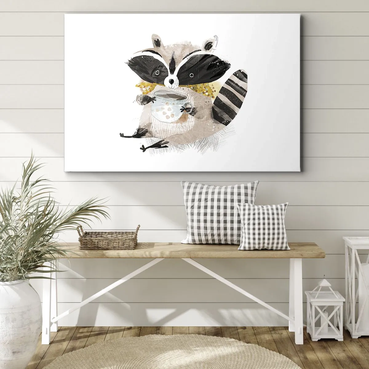 Bild auf Leinwand - Leinwandbild - Entzückender Waschbär mit einer pastellfarbenen Tasse - 70x50cm - Mein Freund der Waschbär - Moderne Wanddekoration für Wohnzimmer und Schlafzimmer ARTTOR