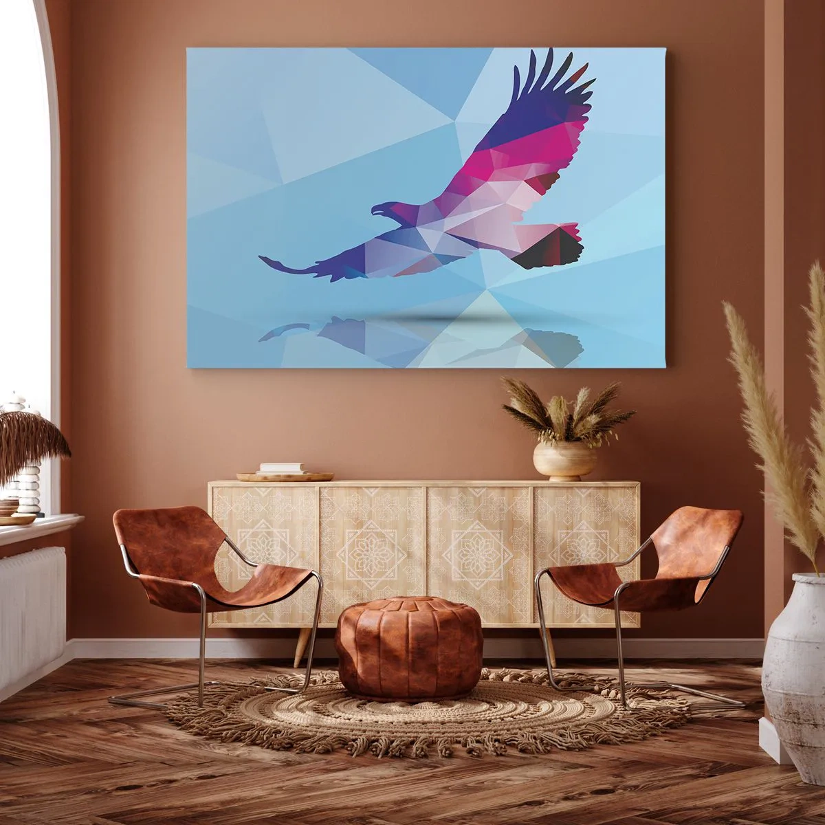 Bild auf Leinwand - Leinwandbild - Geometrische Silhouette eines Adlers im Flug auf blauem Hintergrund - 70x50cm - Adler in lila Kristall - Moderne Wanddekoration für Wohnzimmer und Schlafzimmer ARTTOR