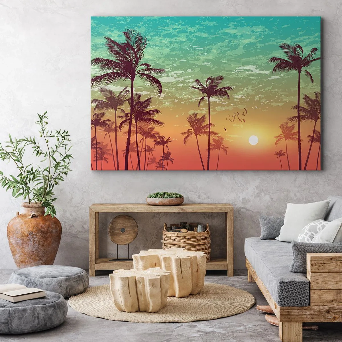 Bild auf Leinwand - Leinwandbild - Sonnenuntergang mit Palmen vor einem bunten Himmel - 70x50cm - Tropische Stimmung - Moderne Wanddekoration für Wohnzimmer und Schlafzimmer ARTTOR