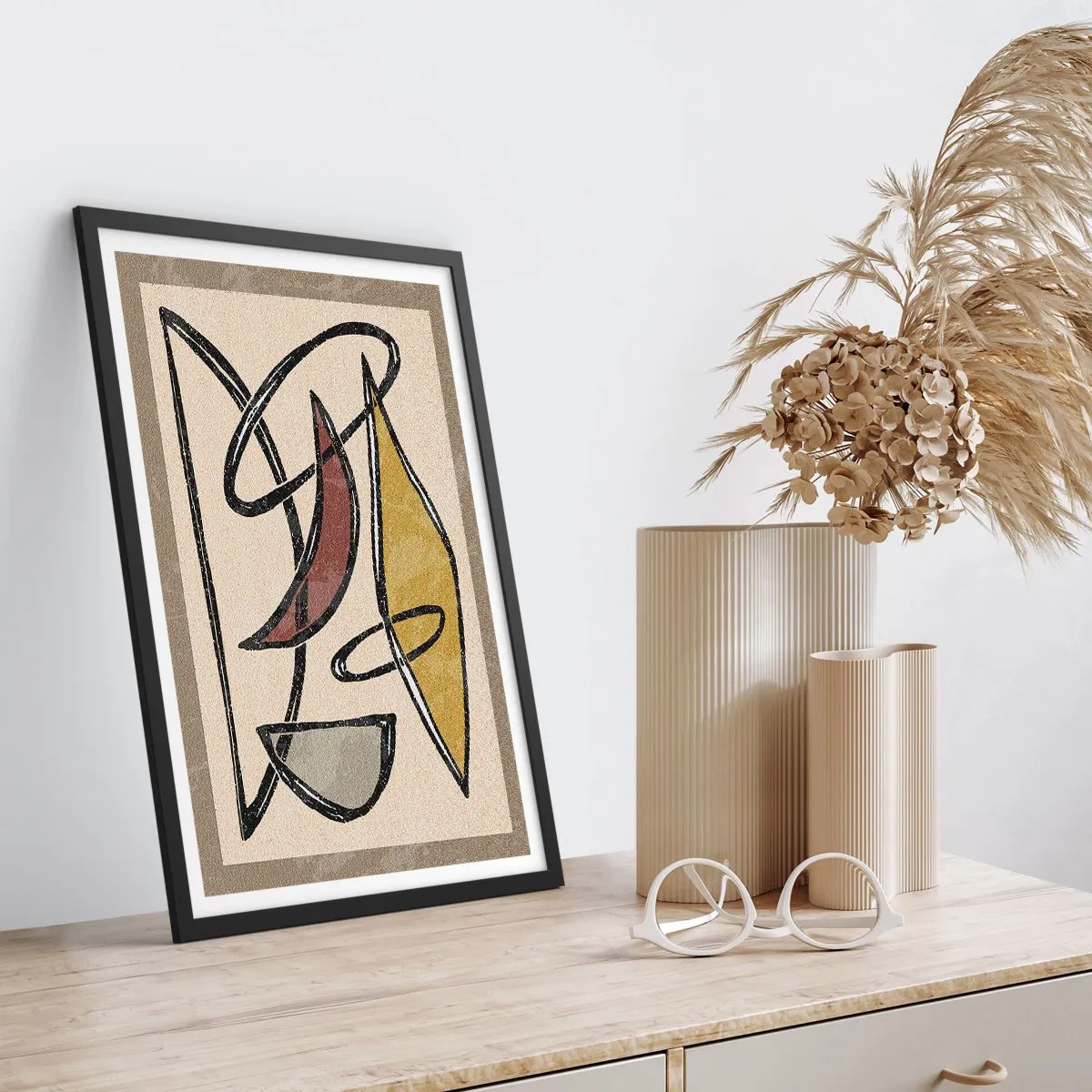 Poster in einem schwarzem Rahmen - Geometrische Abstraktion in Beige- und Brauntönen - 50x70cm - Vertikale und Horizontale - Moderne Wanddekoration für Wohnzimmer und Schlafzimmer ARTTOR