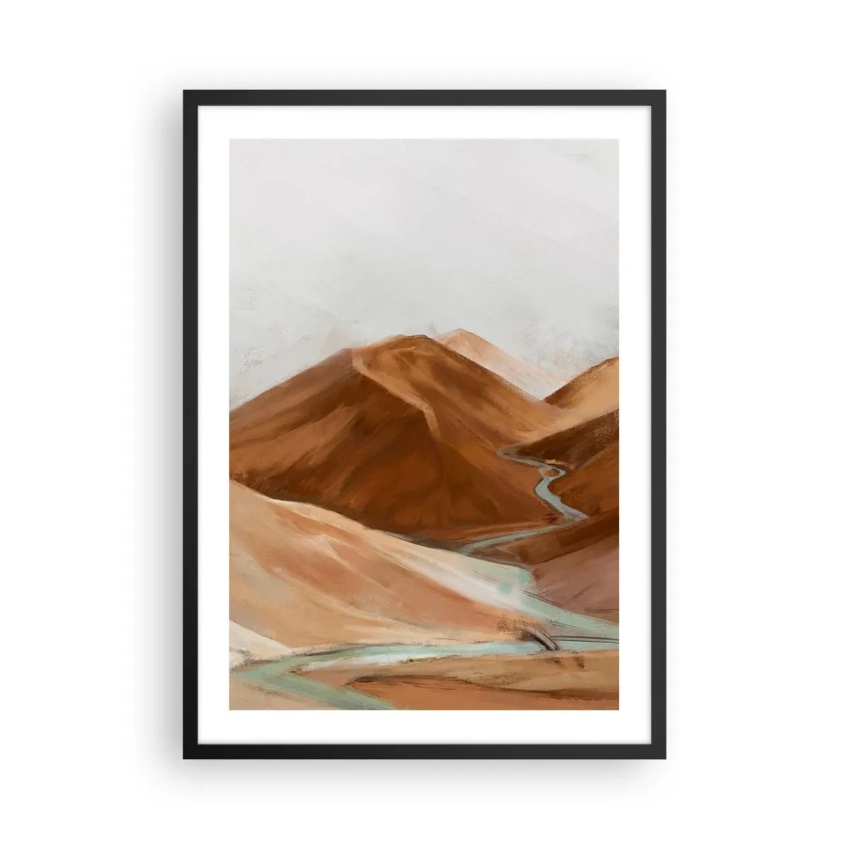 Poster in einem schwarzem Rahmen - Ein Fluss, der durch braune Berge fließt, eine stilisierte Landschaft - 50x70cm - Zur Quelle - Moderne Wanddekoration für Wohnzimmer und Schlafzimmer ARTTOR