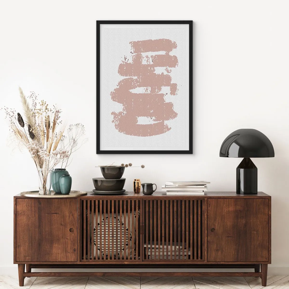 Poster in einem schwarzem Rahmen - Eine minimalistische Komposition in Beigetönen - 50x70cm - Abstraktion in zartem Rosa - Moderne Wanddekoration für Wohnzimmer und Schlafzimmer ARTTOR