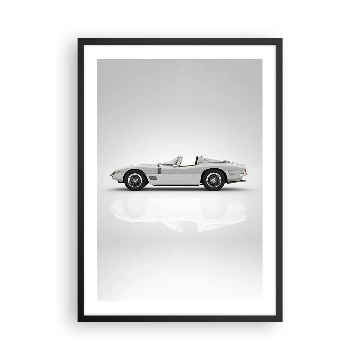 Poster in einem schwarzem Rahmen - Klassisches weißes Cabrio auf neutralem Hintergrund - 50x70cm - Spaß versprochen - Moderne Wanddekoration für Wohnzimmer und Schlafzimmer ARTTOR
