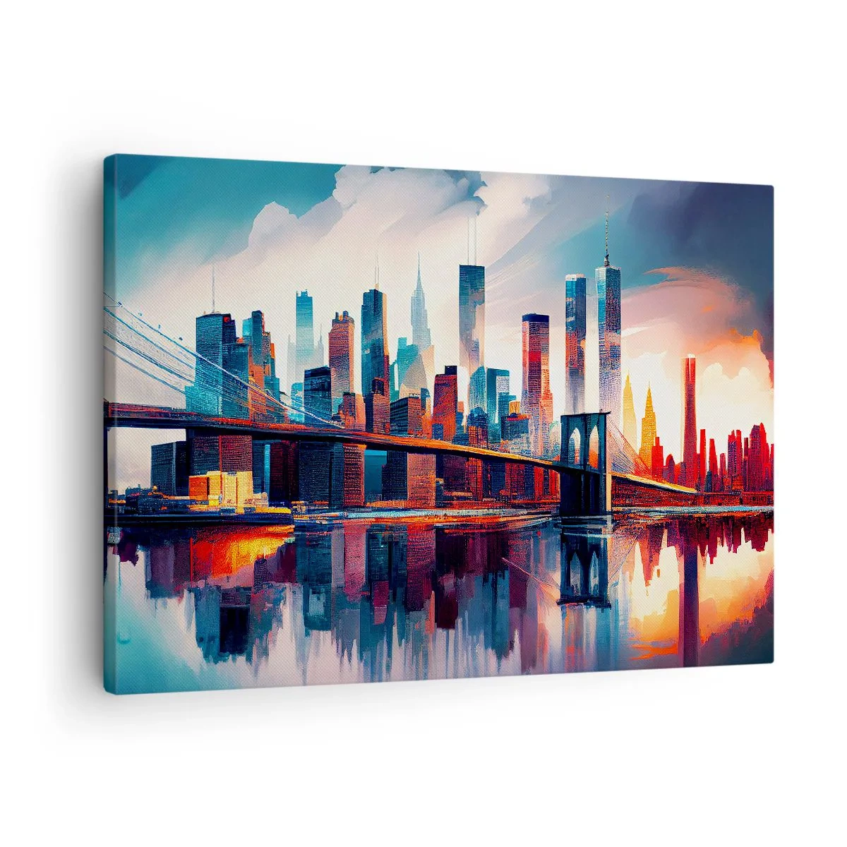 Bild auf Leinwand - Leinwandbild - New York City Panorama mit Brücke und Spiegelung im Wasser - 70x50cm - Traumhaftes New York - Moderne Wanddekoration für Wohnzimmer und Schlafzimmer ARTTOR