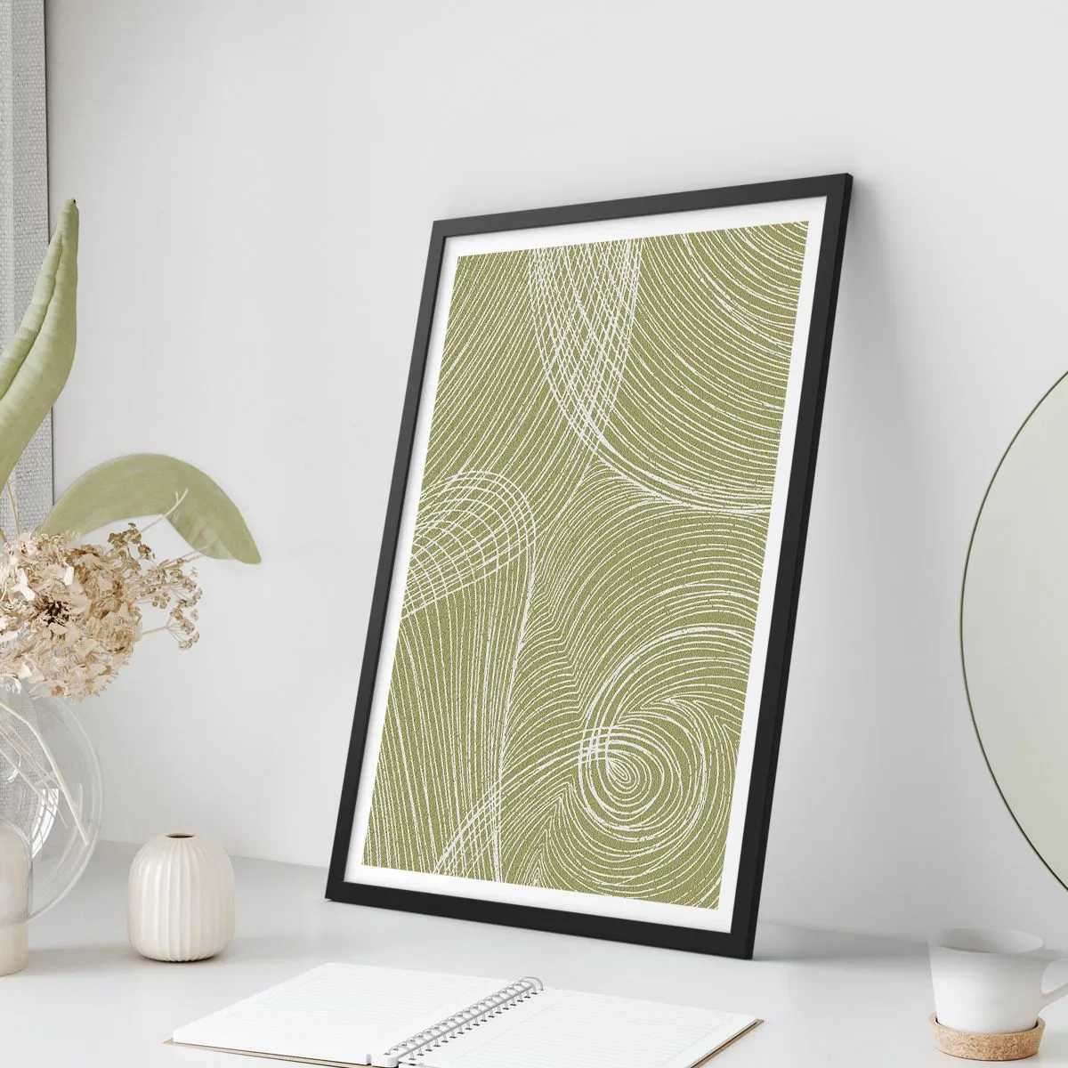 Poster in einem schwarzem Rahmen - Eine abstrakte Komposition in Grüntönen mit dynamischen Linien. - 50x70cm - Komplizierte Abstraktion in Weiß - Moderne Wanddekoration für Wohnzimmer und Schlafzimmer ARTTOR
