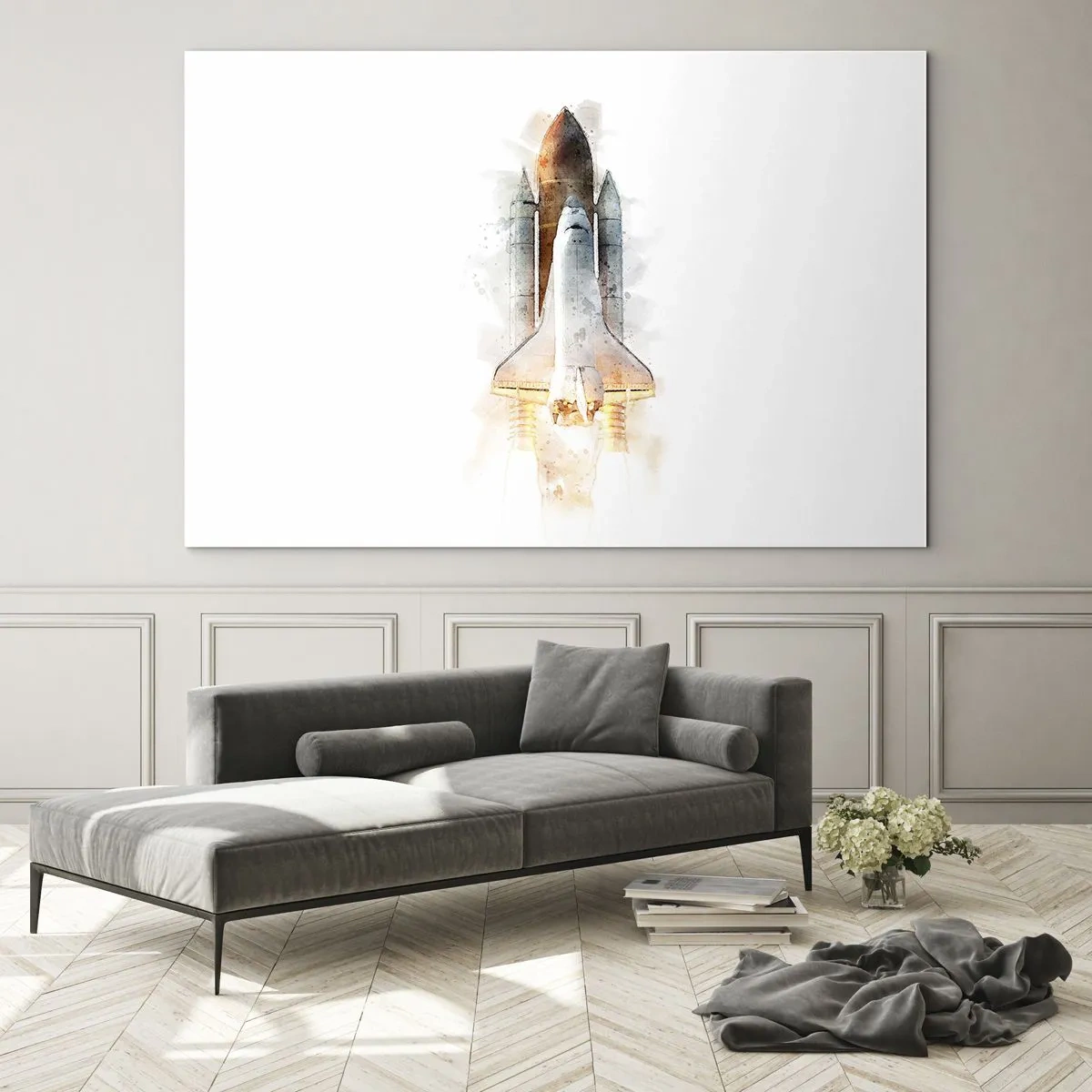 Glasbild - Bild auf glas - Ein startendes Space Shuttle im Aquarellstil auf weißem Hintergrund. - 70x50cm - Entdecker für den Anfang - Moderne Wanddekoration für Wohnzimmer und Schlafzimmer ARTTOR