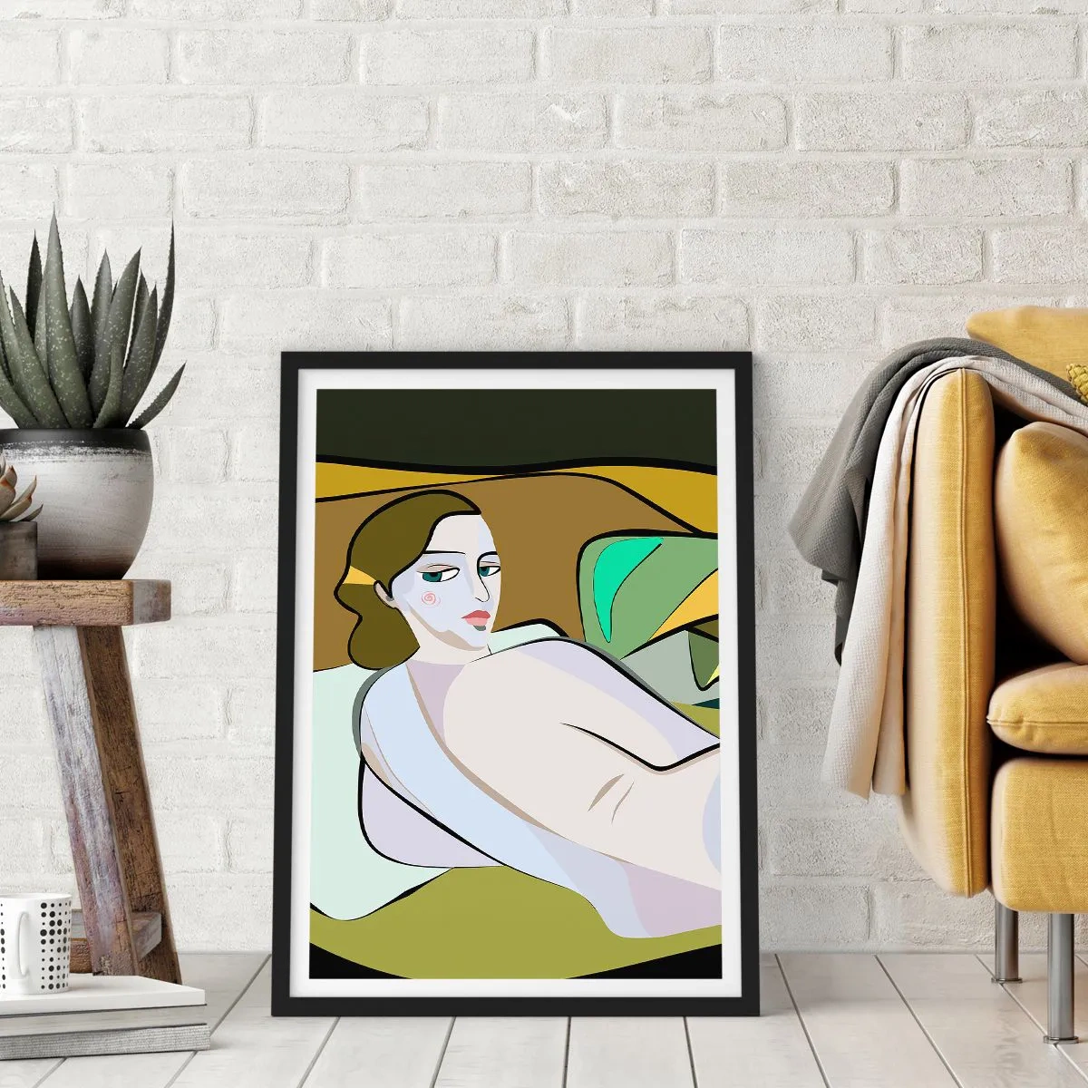 Poster in einem schwarzem Rahmen - Eine Frau im abstrakten Stil vor einem grün-braunen Hintergrund - 50x70cm - Intimes Porträt - Moderne Wanddekoration für Wohnzimmer und Schlafzimmer ARTTOR