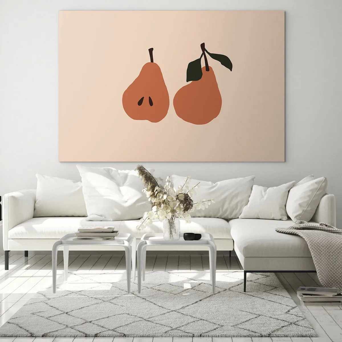 Glasbild - Bild auf glas - Illustration von zwei Birnen auf beigem Hintergrund im minimalistischen Stil - 70x50cm - Pure Süße - Moderne Wanddekoration für Wohnzimmer und Schlafzimmer ARTTOR