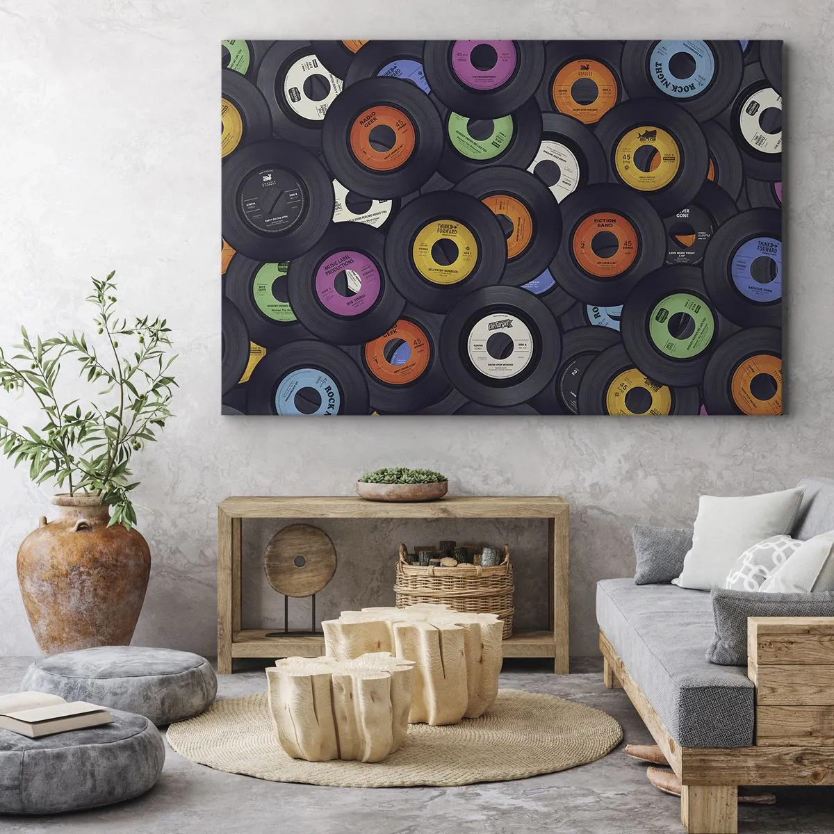 Bild auf Leinwand - Leinwandbild - Bunte Vinyls übereinander gestapelt - 70x50cm - Farben der Klassiker - Moderne Wanddekoration für Wohnzimmer und Schlafzimmer ARTTOR