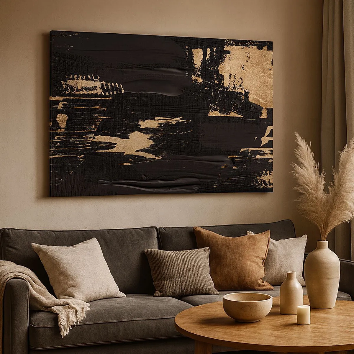 Bild auf Leinwand - Leinwandbild - Abstrakte Komposition in Schwarz- und Goldtönen - 70x50cm - Spur einer Berührung - Moderne Wanddekoration für Wohnzimmer und Schlafzimmer ARTTOR