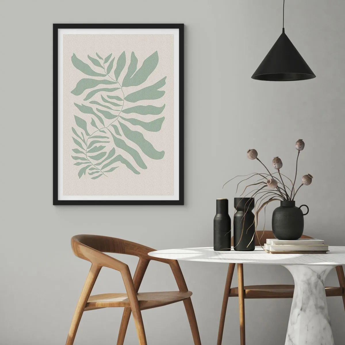 Poster in einem schwarzem Rahmen - Eine minimalistische Pflanzenillustration in Grüntönen - 50x70cm - Smaragdzweig - Moderne Wanddekoration für Wohnzimmer und Schlafzimmer ARTTOR
