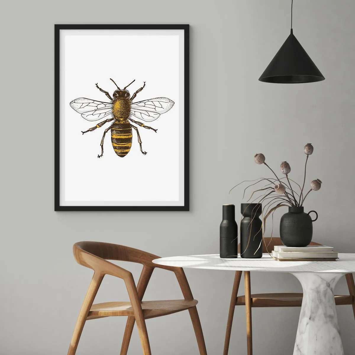 Poster in einem schwarzem Rahmen - Vintage Bienendetailillustration - 50x70cm - Schön und gut - Moderne Wanddekoration für Wohnzimmer und Schlafzimmer ARTTOR