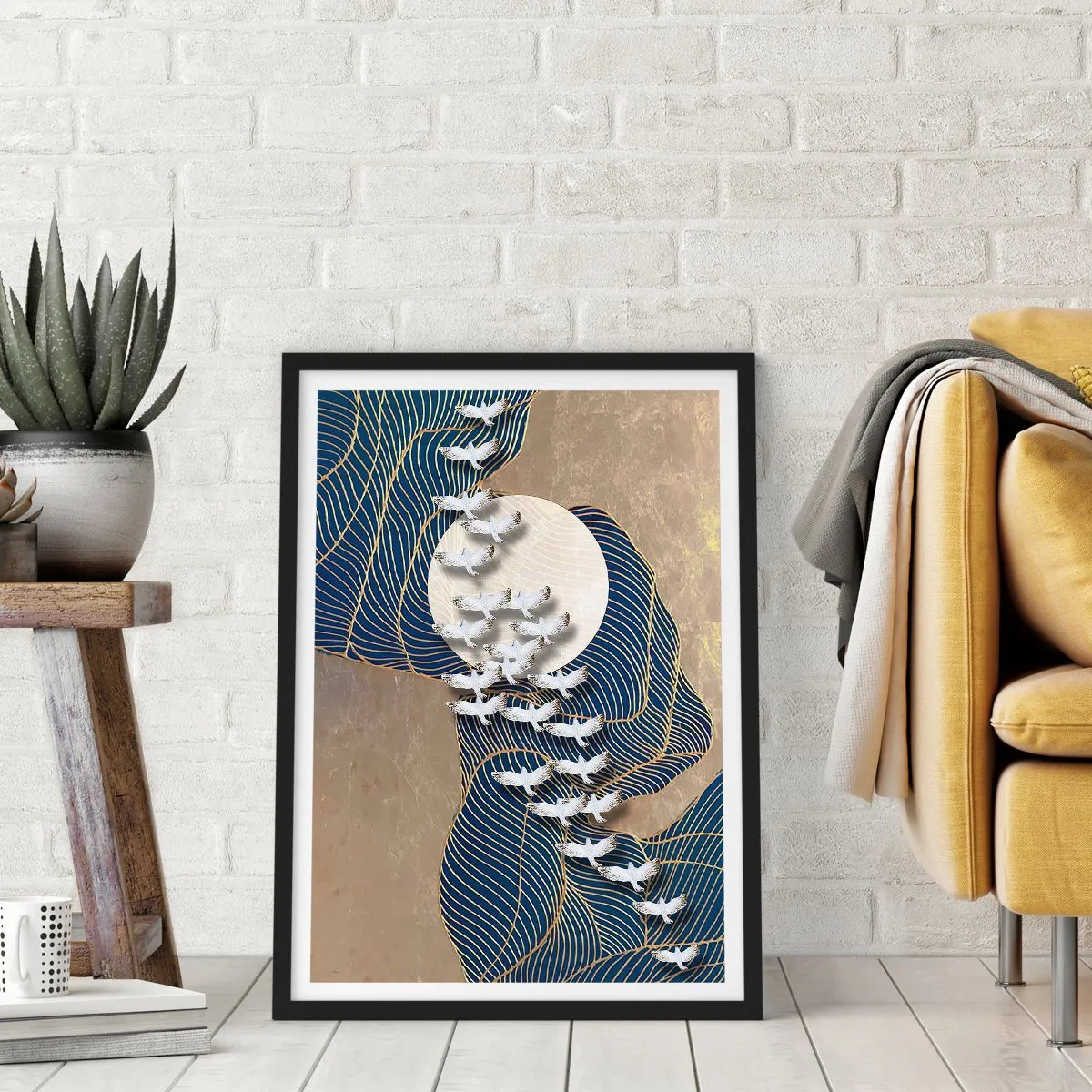 Poster in einem schwarzem Rahmen - Abstrakte Komposition mit Vögeln und dem Mond in goldenen Tönen - 50x70cm - Freiheit, Wandern, Gemeinschaft - Moderne Wanddekoration für Wohnzimmer und Schlafzimmer ARTTOR