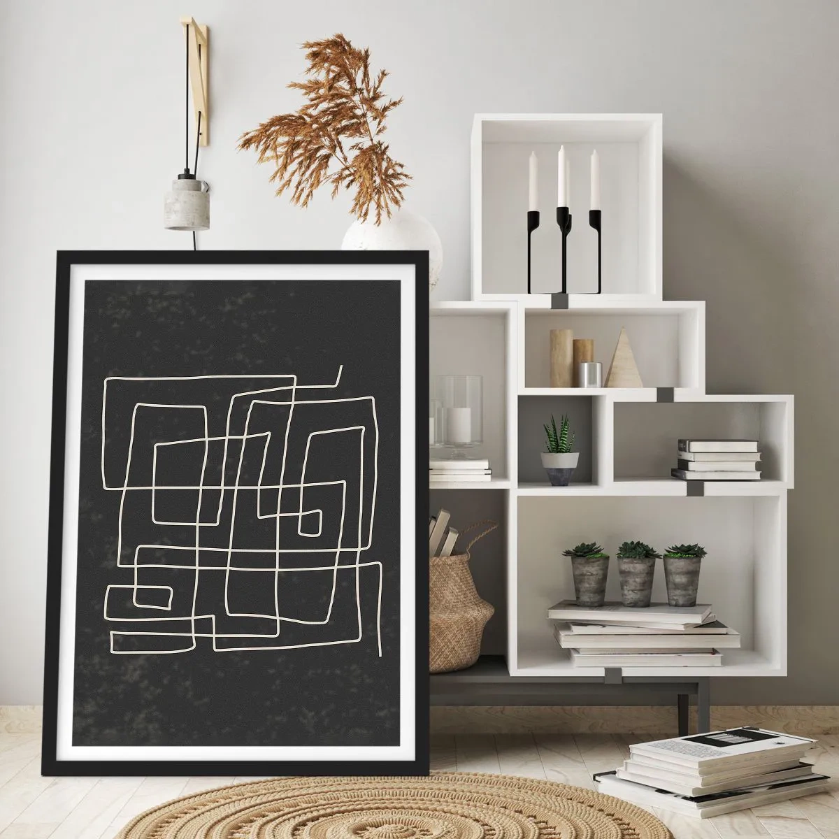Poster in einem schwarzem Rahmen - Geometrische Abstraktion auf schwarzem Hintergrund - 50x70cm - Nicht so einfach - Moderne Wanddekoration für Wohnzimmer und Schlafzimmer ARTTOR