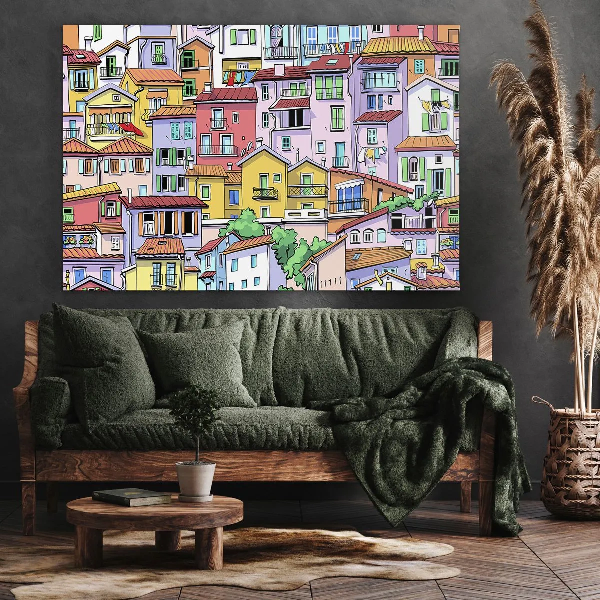 Bild auf Leinwand - Leinwandbild - Bunte Mietshäuser im lebendigen, fröhlichen Stil - 70x50cm - Lustige Stadt - Moderne Wanddekoration für Wohnzimmer und Schlafzimmer ARTTOR
