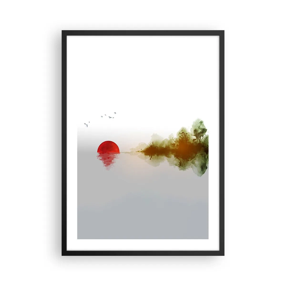 Poster in einem schwarzem Rahmen - Eine minimalistische Landschaft mit einer roten Sonne und einem See. - 50x70cm - Versprechen der Ruhe - Moderne Wanddekoration für Wohnzimmer und Schlafzimmer ARTTOR