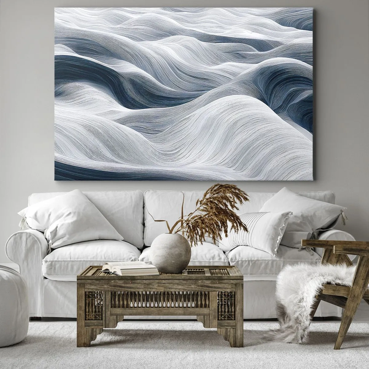 Bild auf Leinwand - Leinwandbild - Wellenlinien in Blau- und Weißtönen - 70x50cm - Weiße und blaue Wellen - Moderne Wanddekoration für Wohnzimmer und Schlafzimmer ARTTOR